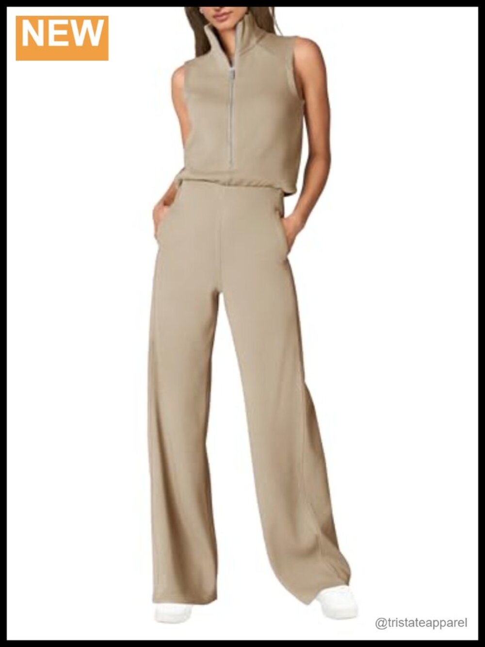 Sleeveless Wide Leg Jumpsuit with Pockets, V-Neck Zip, Casual Travel Outfit